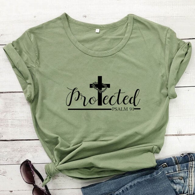 Protected Psalm 91 Women’s T-Shirt - olive-black text / XXL - olive-black text / XXXL - olive-black text / S - olive-black text / M - olive-black text / L - olive-black text / XL