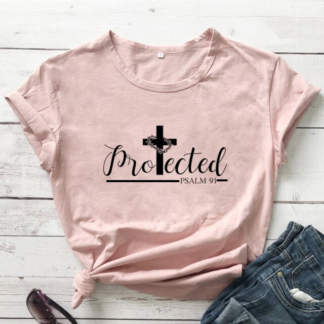 Protected Psalm 91 Women’s T-Shirt - peach-black text / S - peach-black text / M - peach-black text / L - peach-black text / XL - peach-black text / XXL - peach-black text / XXXL