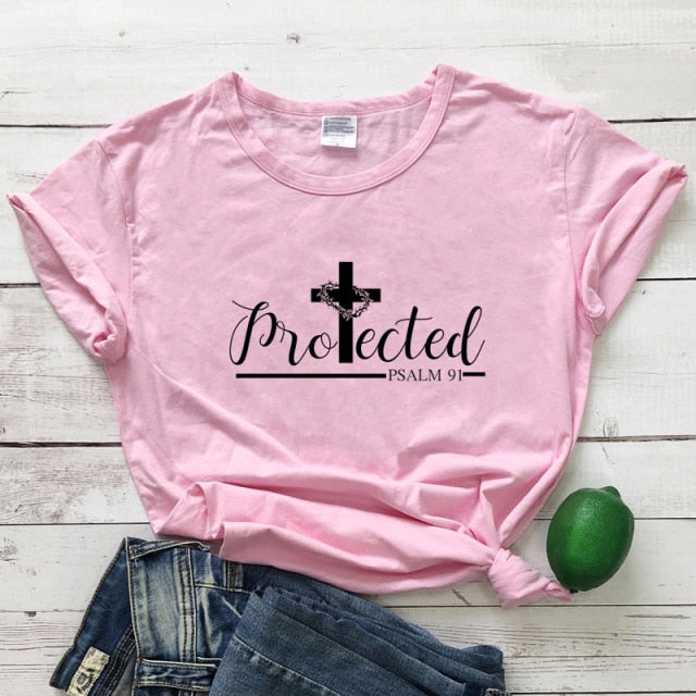 Protected Psalm 91 Women’s T-Shirt - pink-black text / L - pink-black text / XL - pink-black text / XXL - pink-black text / XXXL - pink-black text / S - pink-black text / M