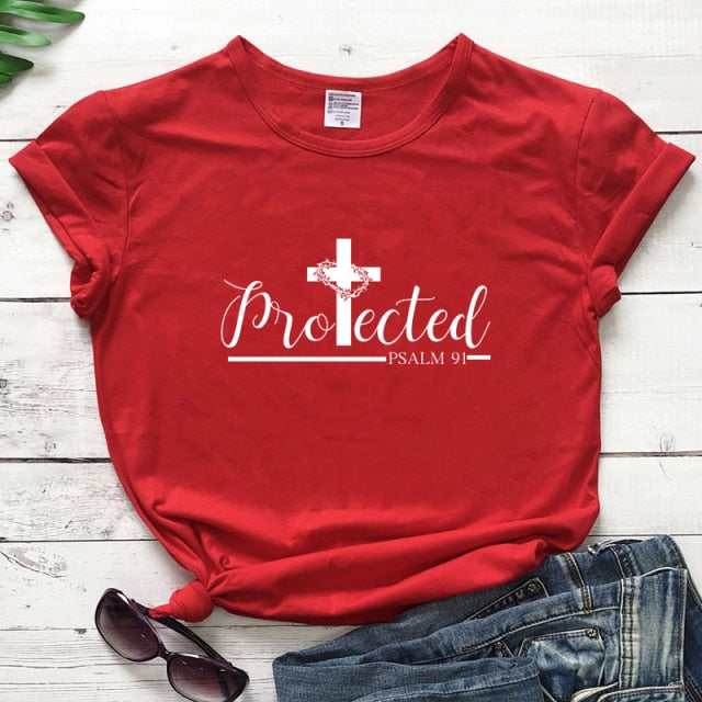 Protected Psalm 91 Women’s T-Shirt - red-white text / S - red-white text / M - red-white text / L - red-white text / XL - red-white text / XXL - red-white text / XXXL