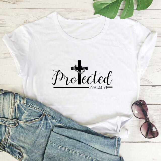 Protected Psalm 91 Women’s T-Shirt - white-black text / S - white-black text / M - white-black text / L - white-black text / XL - white-black text / XXL - white-black text / XXXL