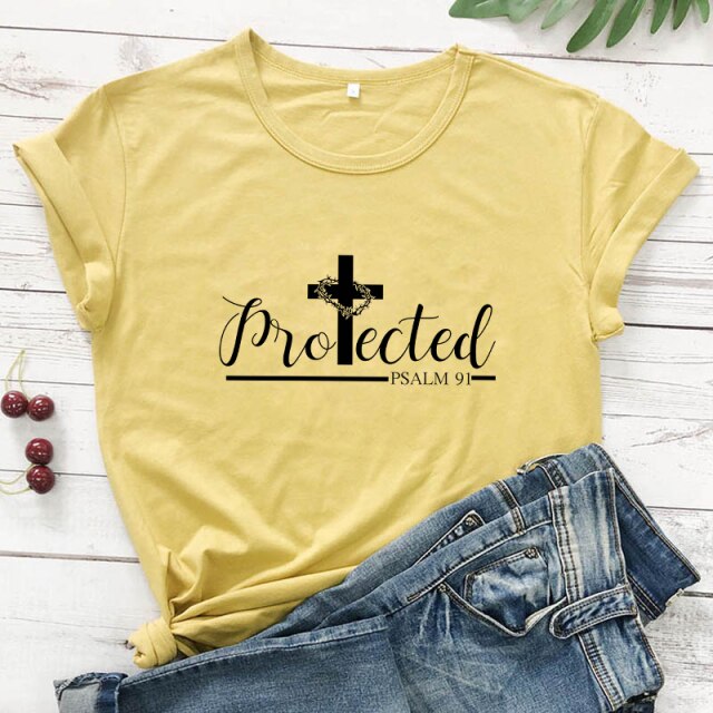 Protected Psalm 91 Women’s T-Shirt - mustard-black text / L - mustard-black text / XL - mustard-black text / XXL - mustard-black text / XXXL - mustard-black text / S - mustard-black text / M