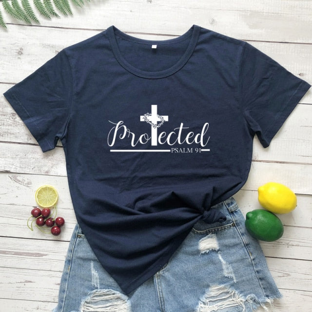 Protected Psalm 91 Women’s T-Shirt - navy blue-white text / S - navy blue-white text / M - navy blue-white text / L - navy blue-white text / XL - navy blue-white text / XXL - navy blue-white text / XXXL