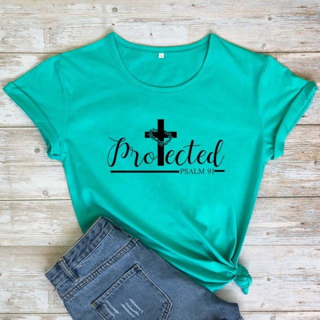 Protected Psalm 91 Women’s T-Shirt - turquoise-black text / S - turquoise-black text / M - turquoise-black text / L - turquoise-black text / XL - turquoise-black text / XXL - turquoise-black text / XXXL