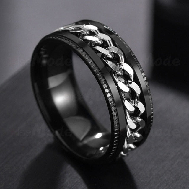 Cool Stainless Steel Rotatable Ring - 8 / Black and Steel - 9 / Black and Steel - 10 / Black and Steel - 11 / Black and Steel - 12 / Black and Steel - 6 / Black and Steel - 7 / Black and Steel