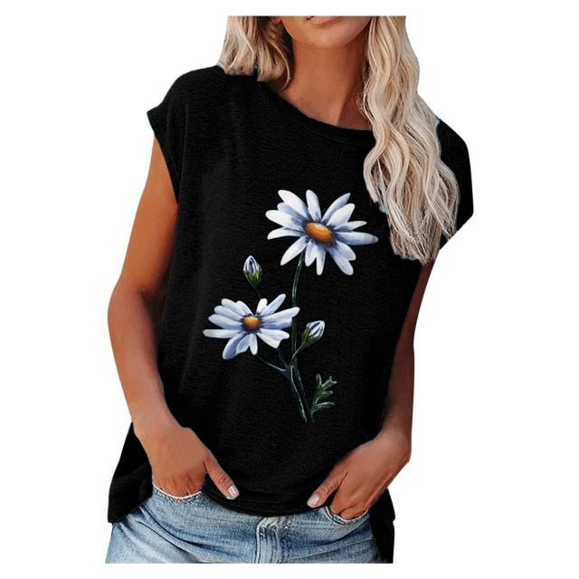 2021 Summer Flower Print Vintage Tee Shirt - Black / M / China - Black / S / China - Black / XL / China - Black / L / China - Black / XXXL / China - Black / XXL / China