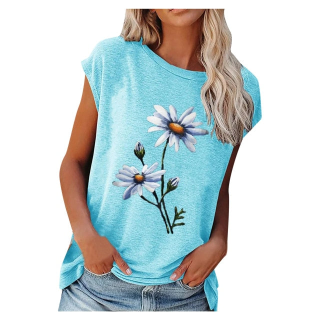 2021 Summer Flower Print Vintage Tee Shirt - Sky Blue / XL / China - Sky Blue / L / China - Sky Blue / XXXL / China - Sky Blue / XXL / China - Sky Blue / M / China - Sky Blue / S / China