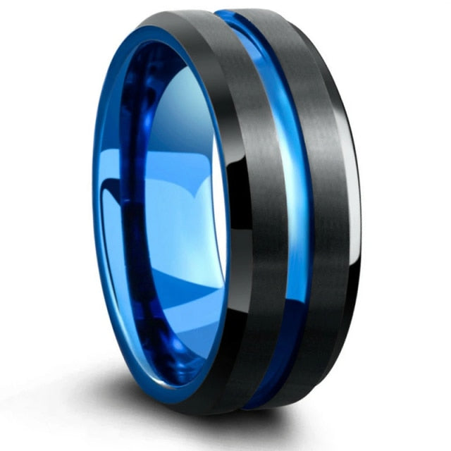 8MM Black Brushed / Blue Groove Wedding Ring - 12 / Style 1 - 13 / Style 1 - 10 / Style 1 - 11 / Style 1 - 8 / Style 1 - 9 / Style 1 - 6 / Style 1 - 7 / Style 1