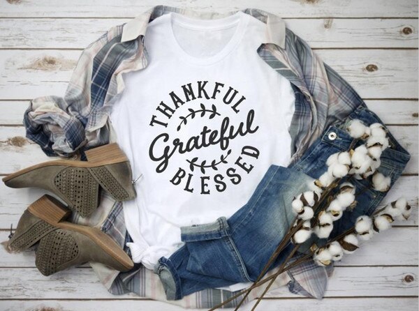 Thankful, Grateful, Blessed T-Shirt - White - Black Txt / XXL - White - Black Txt / XXXL - White - Black Txt / S - White - Black Txt / M - White - Black Txt / L - White - Black Txt / XL