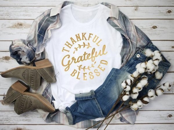 Thankful, Grateful, Blessed T-Shirt - White - Gold Txt / XL - White - Gold Txt / XXL - White - Gold Txt / XXXL - White - Gold Txt / S - White - Gold Txt / M - White - Gold Txt / L