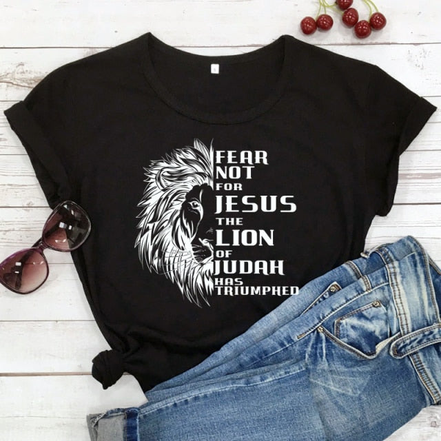 Fear Not For Jesus & Lion T-shirt - black-white text / S - black-white text / M - black-white text / L - black-white text / XL - black-white text / XXL - black-white text / XXXL