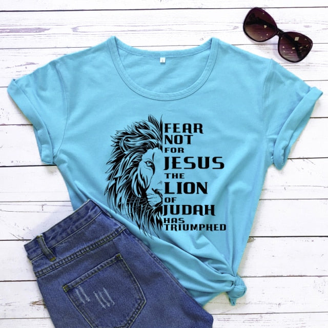 Fear Not For Jesus & Lion T-shirt - sky blue-black text / S - sky blue-black text / M - sky blue-black text / L - sky blue-black text / XL - sky blue-black text / XXL - sky blue-black text / XXXL