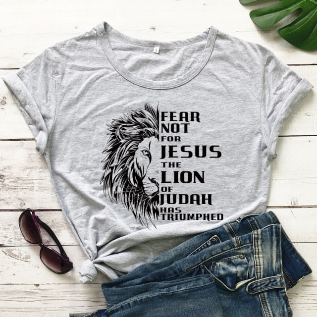 Fear Not For Jesus & Lion T-shirt - gray-black text / S - gray-black text / M - gray-black text / L - gray-black text / XL - gray-black text / XXL - gray-black text / XXXL