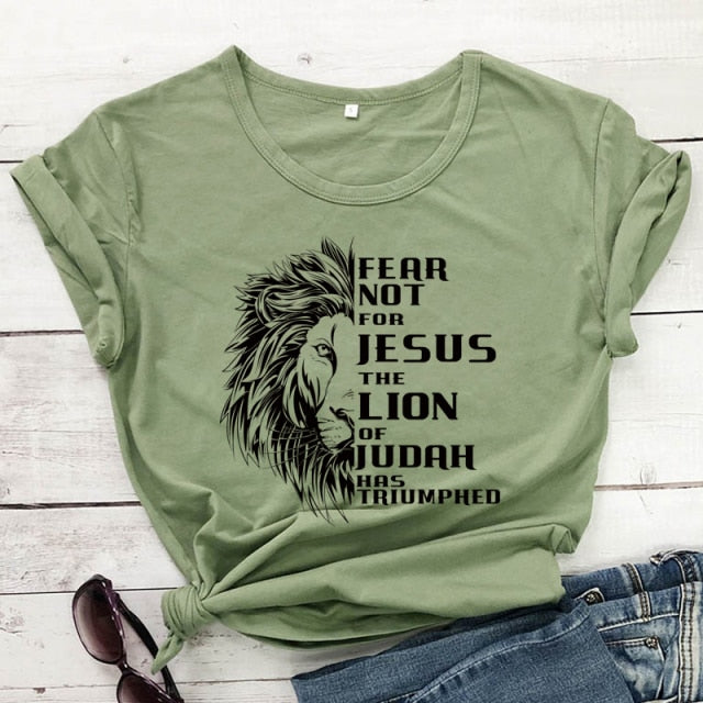 Fear Not For Jesus & Lion T-shirt - olive-black text / S - olive-black text / M - olive-black text / L - olive-black text / XL - olive-black text / XXL - olive-black text / XXXL