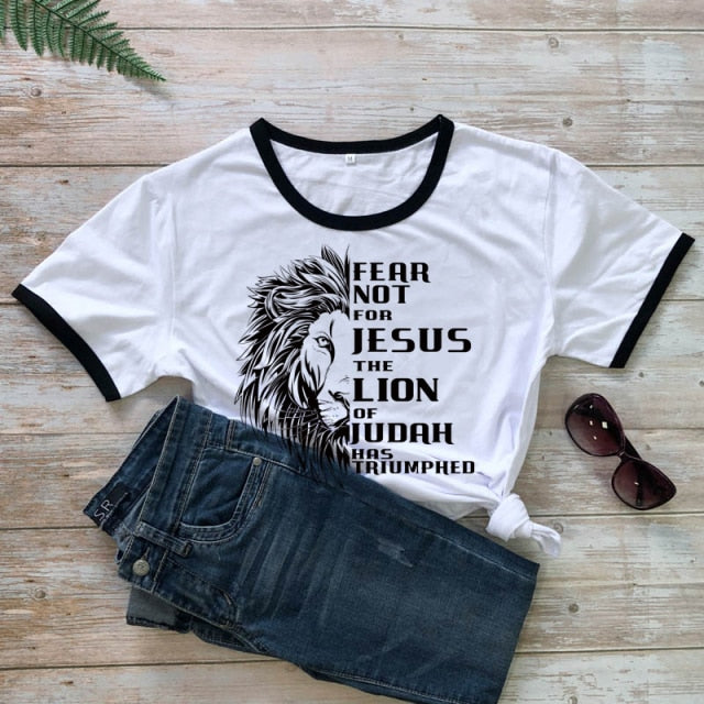 Fear Not For Jesus & Lion T-shirt - black edge-black txt / S - black edge-black txt / M - black edge-black txt / L - black edge-black txt / XL - black edge-black txt / XXL - black edge-black txt / XXXL