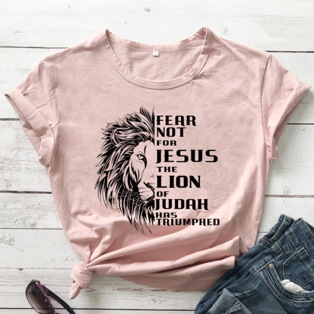 Fear Not For Jesus & Lion T-shirt - peach-black text / S - peach-black text / M - peach-black text / L - peach-black text / XL - peach-black text / XXL - peach-black text / XXXL