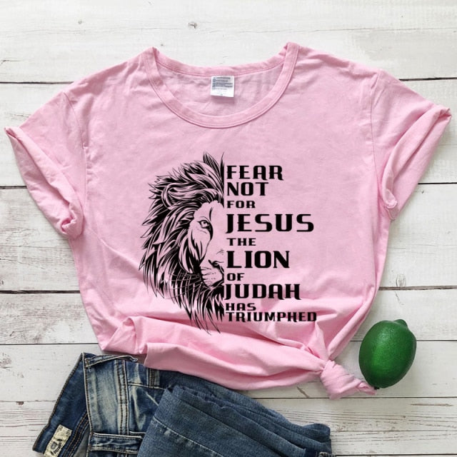 Fear Not For Jesus & Lion T-shirt - pink-black text / S - pink-black text / M - pink-black text / L - pink-black text / XL - pink-black text / XXL - pink-black text / XXXL