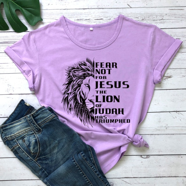 Fear Not For Jesus & Lion T-shirt - purple-black text / S - purple-black text / M - purple-black text / L - purple-black text / XL - purple-black text / XXL - purple-black text / XXXL