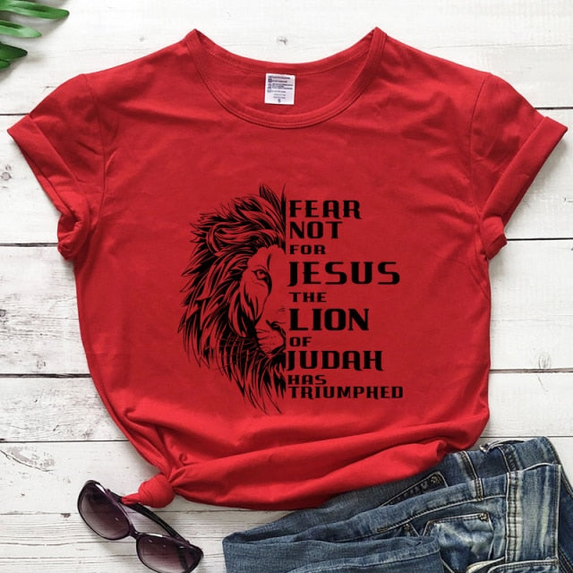 Fear Not For Jesus & Lion T-shirt - red-black text / S - red-black text / M - red-black text / L - red-black text / XL - red-black text / XXL - red-black text / XXXL