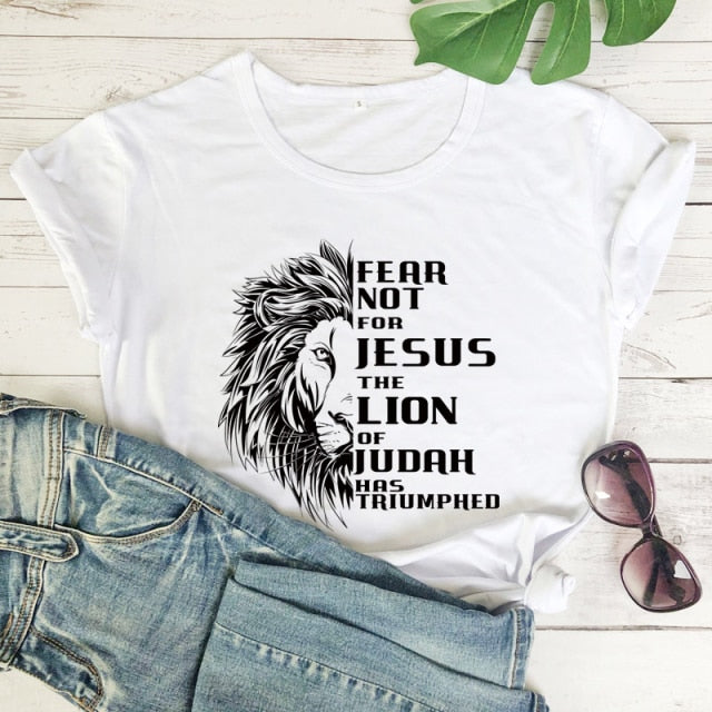 Fear Not For Jesus & Lion T-shirt - white-black text / S - white-black text / M - white-black text / L - white-black text / XL - white-black text / XXL - white-black text / XXXL