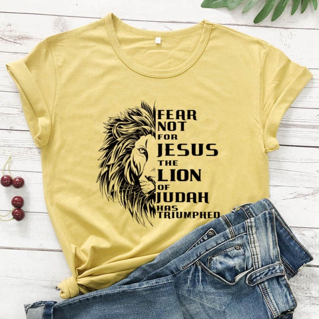 Fear Not For Jesus & Lion T-shirt - mustard-black text / S - mustard-black text / M - mustard-black text / L - mustard-black text / XL - mustard-black text / XXL - mustard-black text / XXXL