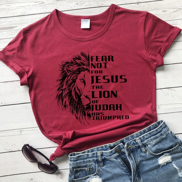 Fear Not For Jesus & Lion T-shirt - burgundy-black text / XXL - burgundy-black text / XXXL - burgundy-black text / S - burgundy-black text / M - burgundy-black text / L - burgundy-black text / XL