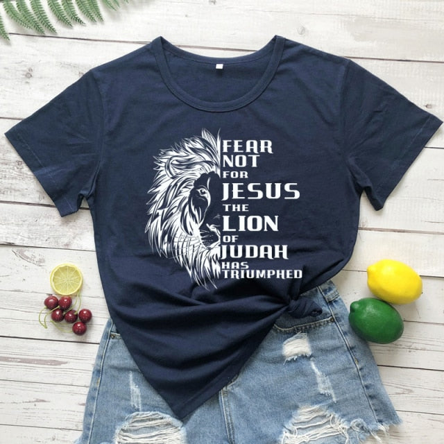 Fear Not For Jesus & Lion T-shirt - navy blue-white text / S - navy blue-white text / M - navy blue-white text / L - navy blue-white text / XL - navy blue-white text / XXL - navy blue-white text / XXXL