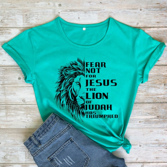 Fear Not For Jesus & Lion T-shirt - turquoise-black text / S - turquoise-black text / M - turquoise-black text / L - turquoise-black text / XL - turquoise-black text / XXL - turquoise-black text / XXXL