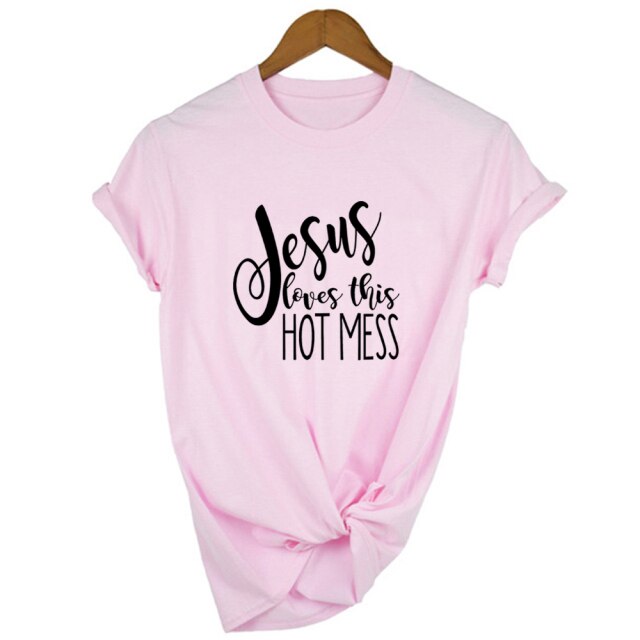 Jesus Loves This Hot Mess T-shirt - Pink / L - Pink / M - Pink / S - Pink / XXL - Pink / XL