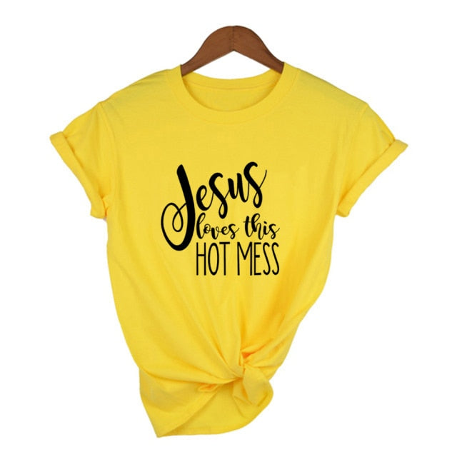 Jesus Loves This Hot Mess T-shirt - Yellow / L - Yellow / M - Yellow / S - Yellow / XXL - Yellow / XL