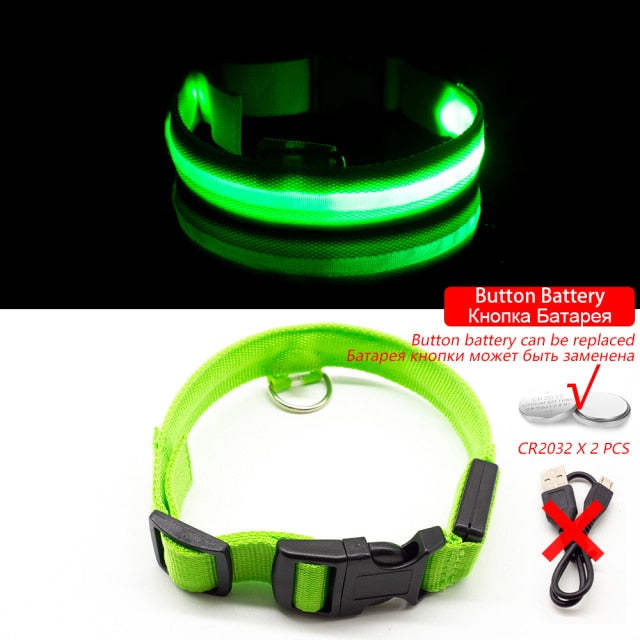 Led Dog Collar - Green Button Battery / XL NECK 42-56 CM - Green Button Battery / L NECK 41-52 CM - Green Button Battery / XS  NECK 28-38 CM - Green Button Battery / M NECK 37-46 CM - Green Button Battery / S  NECK 35-41 CM