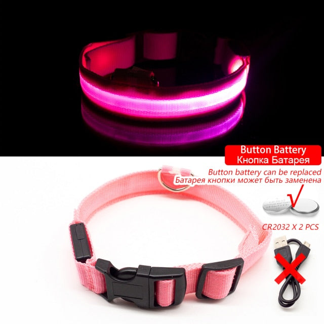 Led Dog Collar - Pink  Button Battery / M NECK 37-46 CM - Pink  Button Battery / S  NECK 35-41 CM - Pink  Button Battery / XL NECK 42-56 CM - Pink  Button Battery / L NECK 41-52 CM - Pink  Button Battery / XS  NECK 28-38 CM