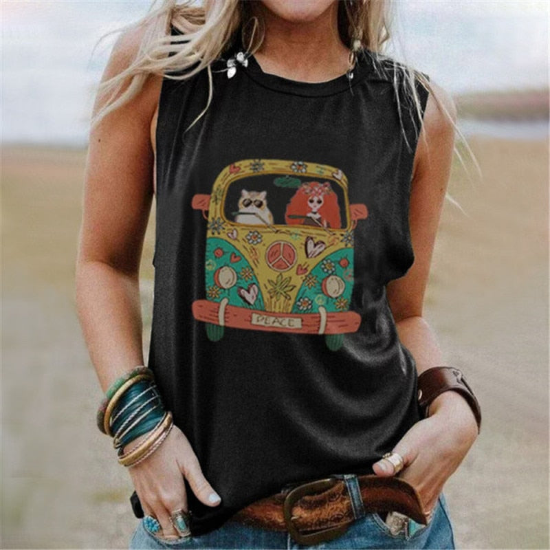 2021 Women’s Sleeveless Vintage T-shirt with O-Neck