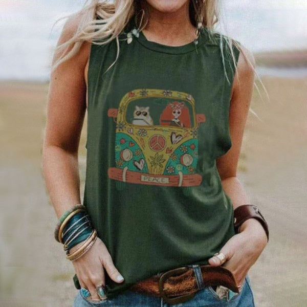 2021 Women’s Sleeveless Vintage T-shirt with O-Neck - green / 5XL - green / 4XL - green / XXXL - green / XXL - green / XL - green / L - green / M - green / S