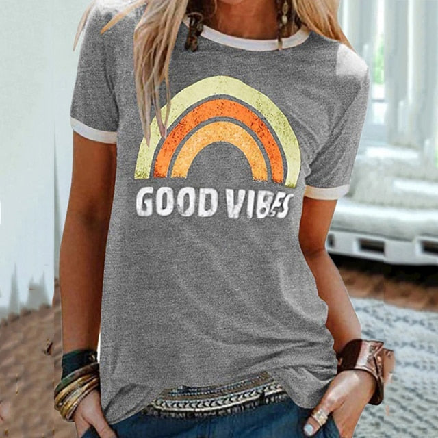 Rainbow Good Vibes T-Shirt - gray / 4XL - gray / 5XL - gray / XXL - gray / XXXL - gray / L - gray / XL - gray / S - gray / M