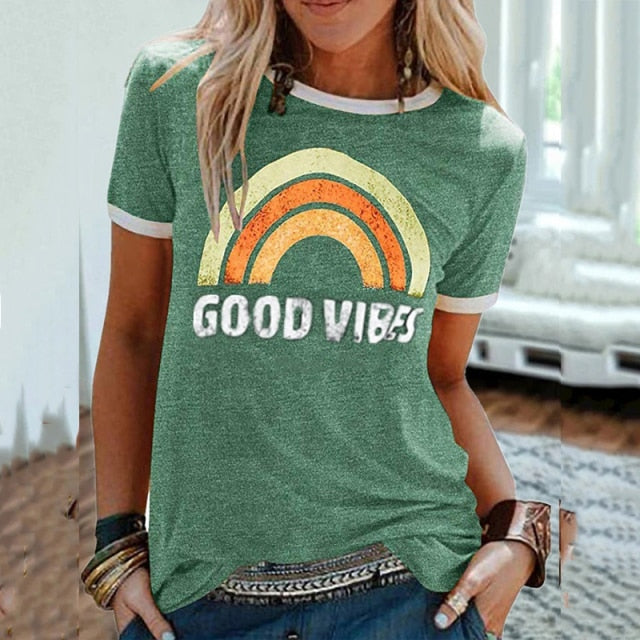 Rainbow Good Vibes T-Shirt - green / 4XL - green / 5XL - green / XXL - green / XXXL - green / L - green / XL - green / S - green / M