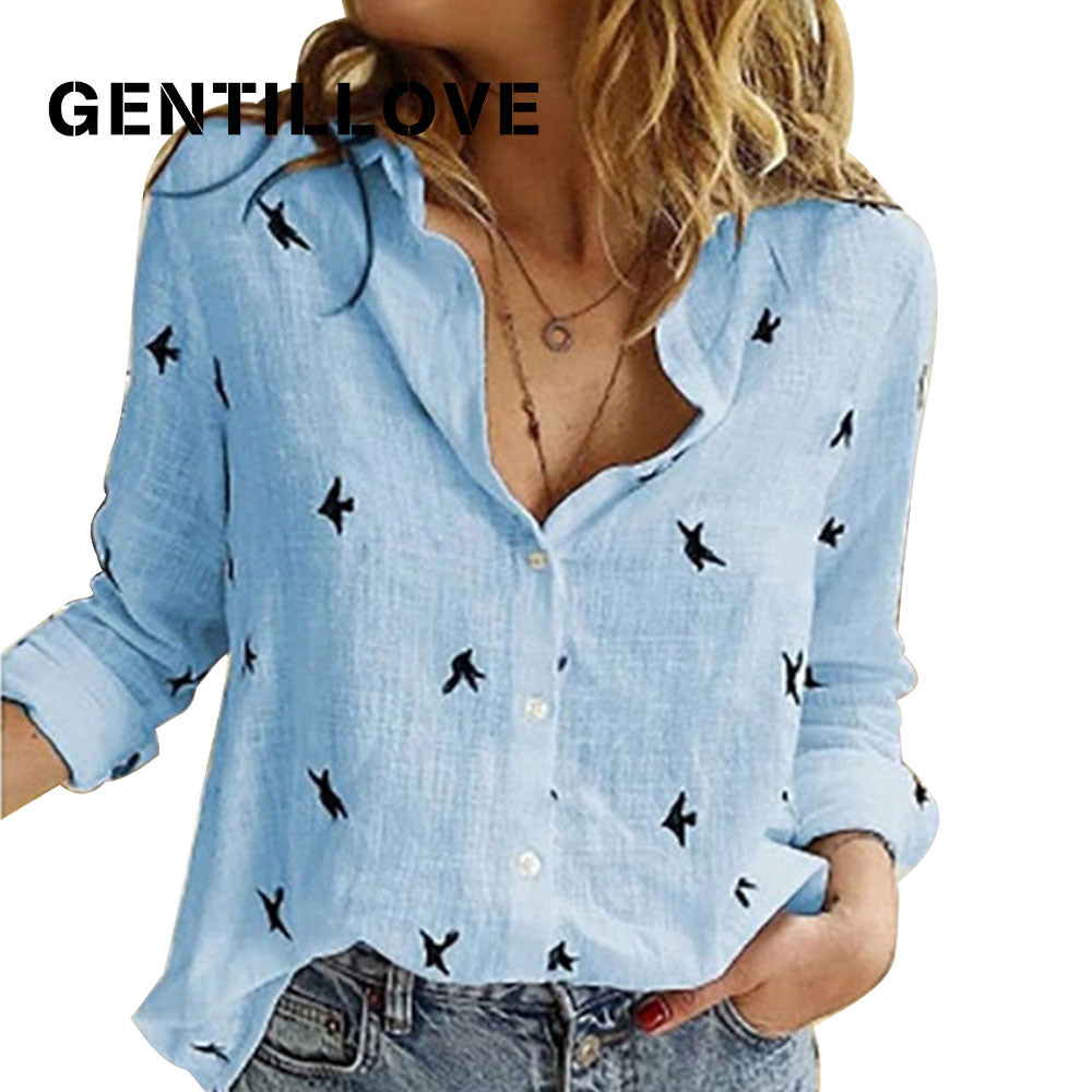 Casual Long Sleeve Birds Print Loose Shirt