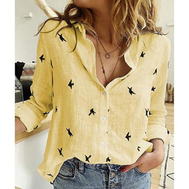 Casual Long Sleeve Birds Print Loose Shirt - 4XL / Yellow - XXXL / Yellow - XXL / Yellow - XL / Yellow - L / Yellow - M / Yellow - S / Yellow - 5XL / Yellow