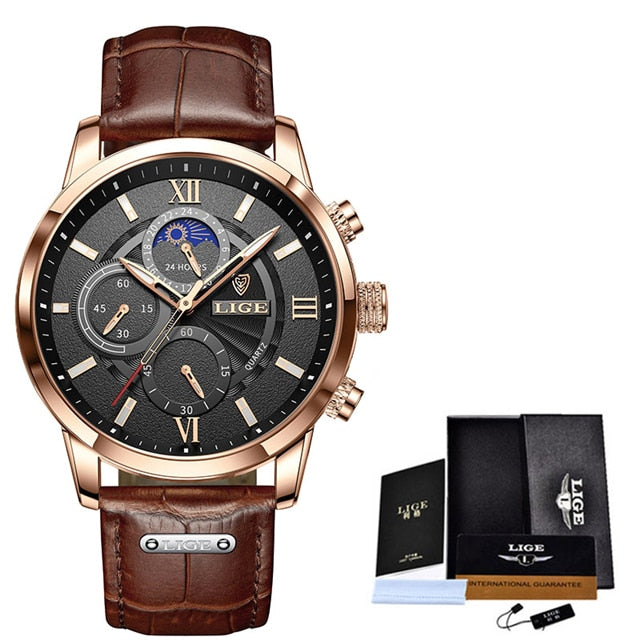 2021 LIGE Men's Watch - Rose gold black / SPAIN - Rose gold black / China