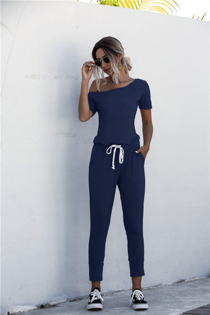 Women Summer Jumpsuit with Drawstring & Pockets - M / Dark Blue - S / Dark Blue - XL / Dark Blue - L / Dark Blue