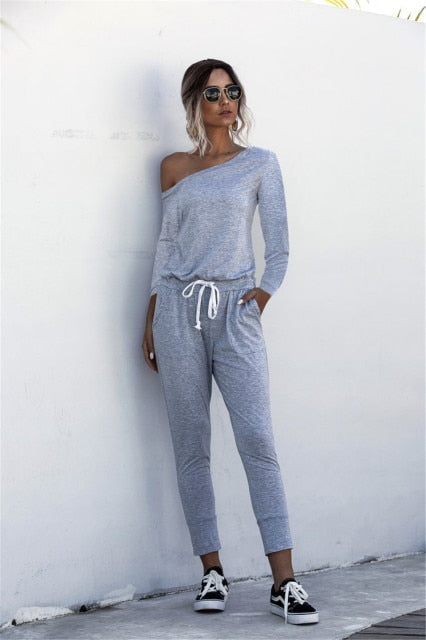 Women Summer Jumpsuit with Drawstring & Pockets - S / Gray - M / Gray - L / Gray - XL / Gray