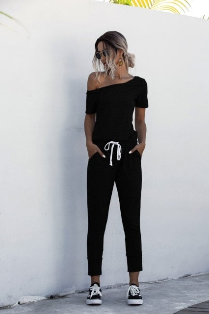 Women Summer Jumpsuit with Drawstring & Pockets - S / Black - M / Black - L / Black - XL / Black