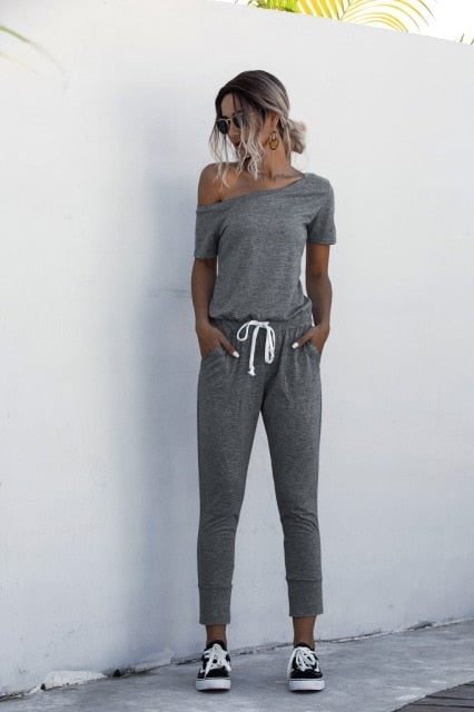 Women Summer Jumpsuit with Drawstring & Pockets - XL / Dark Grey - S / Dark Grey - M / Dark Grey - L / Dark Grey