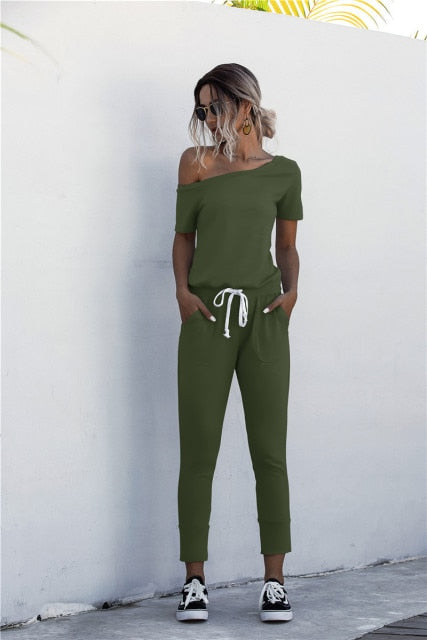 Women Summer Jumpsuit with Drawstring & Pockets - M / Green - S / Green - XL / Green - L / Green