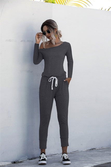 Women Summer Jumpsuit with Drawstring & Pockets - S / Dark Gray - M / Dark Gray - L / Dark Gray - XL / Dark Gray