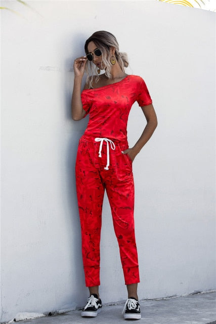 Women Summer Jumpsuit with Drawstring & Pockets - XL / Red - S / Red - M / Red - L / Red