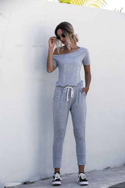 Women Summer Jumpsuit with Drawstring & Pockets - S / Light Grey - M / Light Grey - L / Light Grey - XL / Light Grey