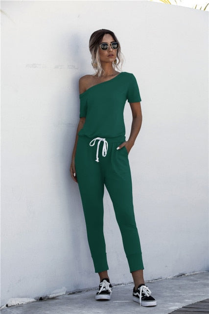 Women Summer Jumpsuit with Drawstring & Pockets - XL / Dark Green - L / Dark Green - M / Dark Green - S / Dark Green