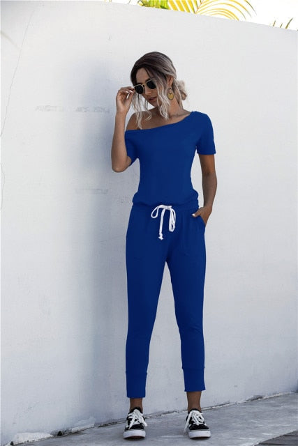 Women Summer Jumpsuit with Drawstring & Pockets - M / Royal Blue - S / Royal Blue - XL / Royal Blue - L / Royal Blue