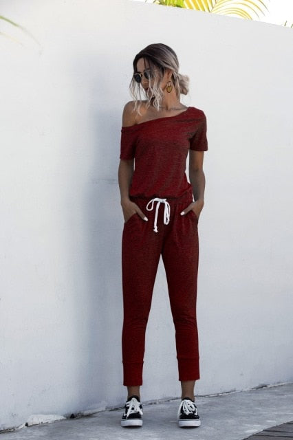 Women Summer Jumpsuit with Drawstring & Pockets - S / Claret - M / Claret - L / Claret - XL / Claret